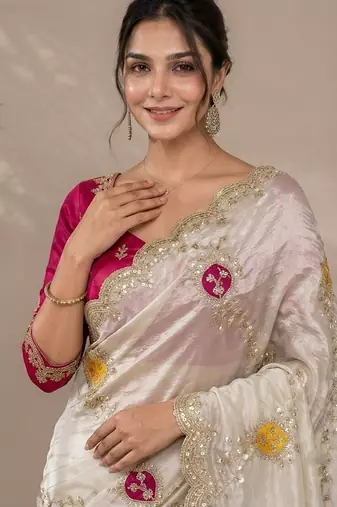 Cream tissue embroidery work saree with work blouse piece
