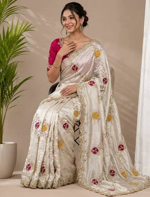 Cream tissue embroidery work saree with work blouse piece 4