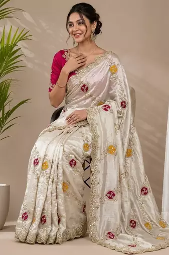 Cream tissue embroidery work saree with work blouse piece