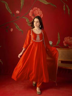 Orange vichitra silk embroidered anarkali kurta set 1
