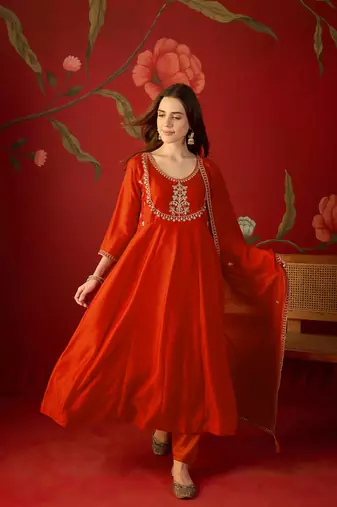 Orange vichitra silk embroidered anarkali kurta set
