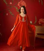 Orange vichitra silk embroidered anarkali kurta set