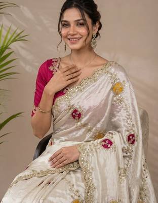 Cream tissue embroidery work saree with work blouse piece 5