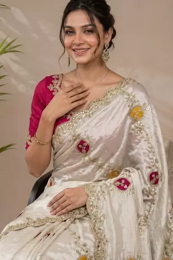 Cream tissue embroidery work saree with work blouse piece