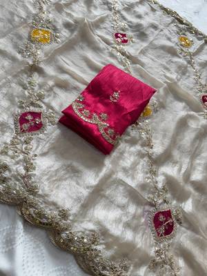Cream tissue embroidery work saree with work blouse piece 7