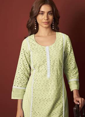 Pista green embroidered schiffly pure cotton straight 4