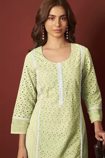 Pista green embroidered schiffly pure cotton straight