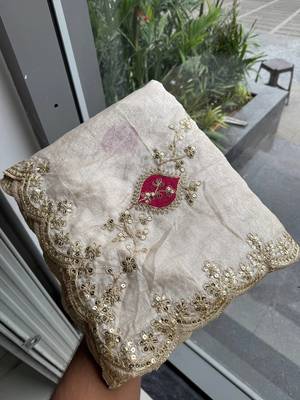 Cream tissue embroidery work saree with work blouse piece 8