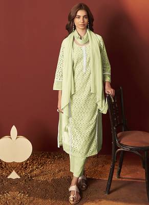 Pista green embroidered schiffly pure cotton straight 5