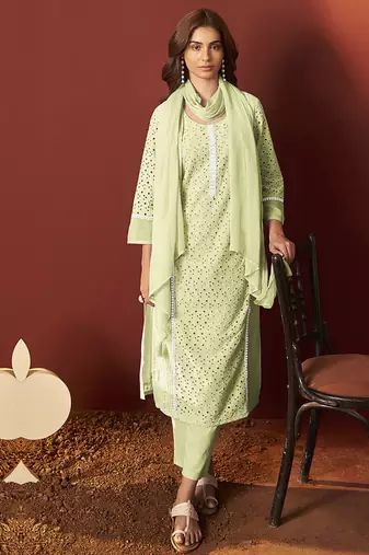 Pista green embroidered schiffly pure cotton straight