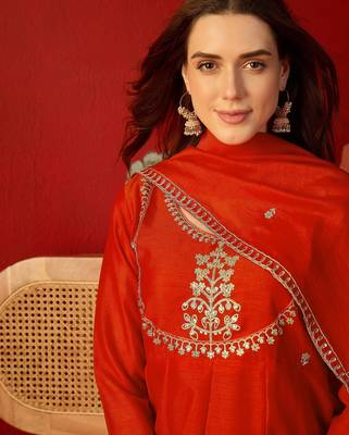 Orange vichitra silk embroidered anarkali kurta set 2