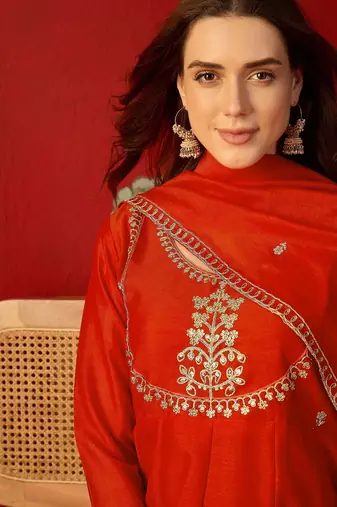 Orange vichitra silk embroidered anarkali kurta set