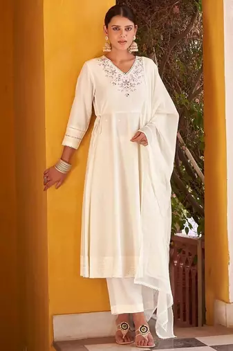 Off white motifs embroidered mirror city silk anarkali