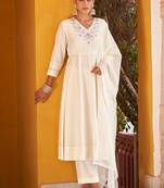 Off white motifs embroidered mirror city silk anarkali
