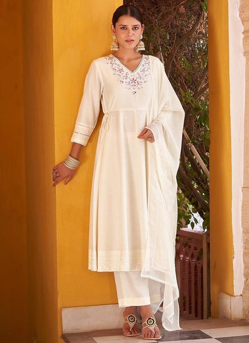 Off white motifs embroidered mirror city silk anarkali