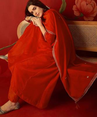 Orange vichitra silk embroidered anarkali kurta set 3