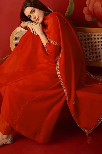 Orange vichitra silk embroidered anarkali kurta set