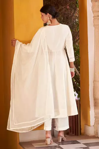 Off white motifs embroidered mirror city silk anarkali