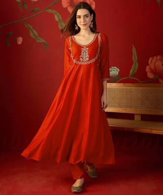Orange vichitra silk embroidered anarkali kurta set 4