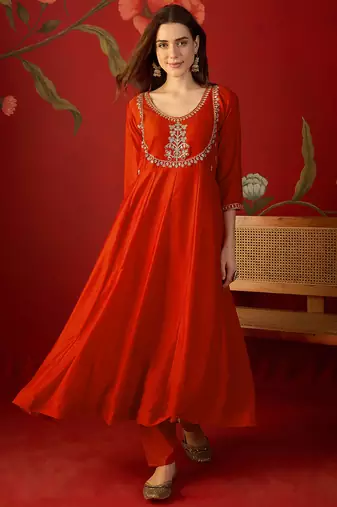 Orange vichitra silk embroidered anarkali kurta set