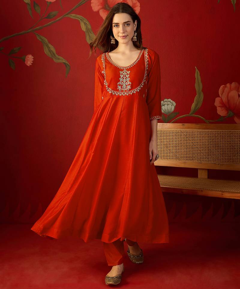 Orange vichitra silk embroidered anarkali kurta set