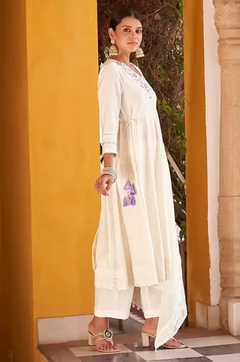 Off white motifs embroidered mirror city silk anarkali