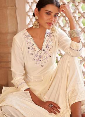 Off white motifs embroidered mirror city silk anarkali 4