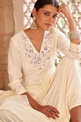 Off white motifs embroidered mirror city silk anarkali