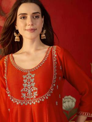 Orange vichitra silk embroidered anarkali kurta set 5
