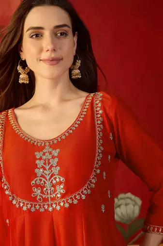 Orange vichitra silk embroidered anarkali kurta set