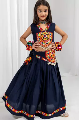 Navratri special real kodi with kutchi patch & gamthi lace work lehenga with blouse for kids