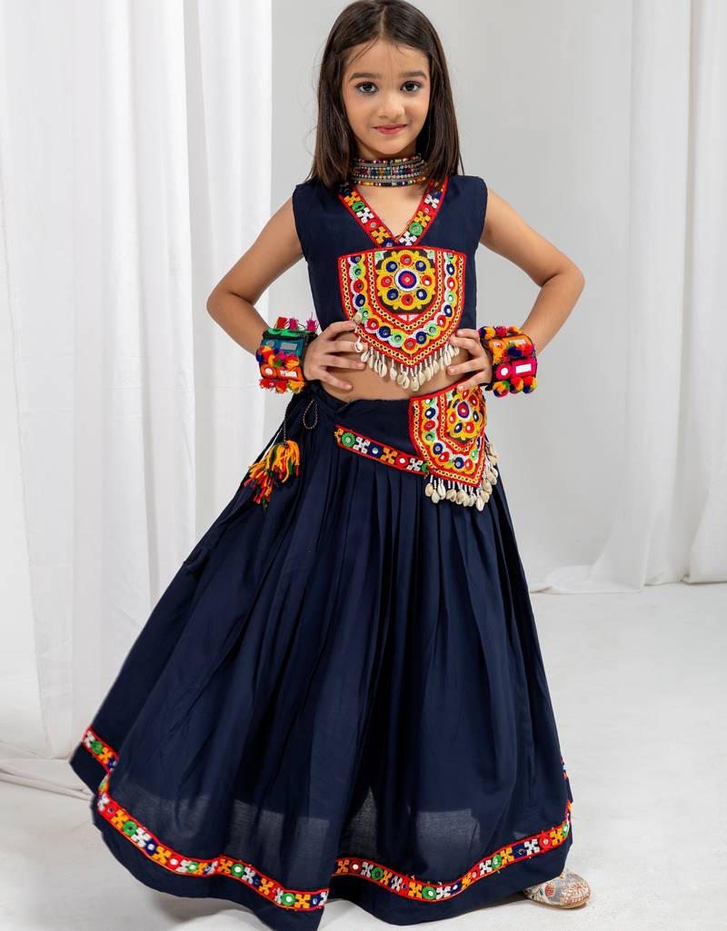 Navratri special real kodi with kutchi patch & gamthi lace work lehenga with blouse for kids