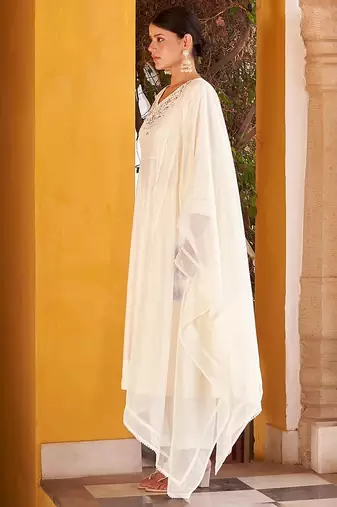 Off white motifs embroidered mirror city silk anarkali