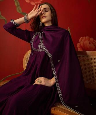 Wine vichitra silk embroidered anarkali kurta set 2