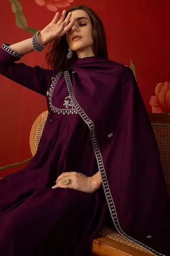 Wine vichitra silk embroidered anarkali kurta set