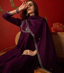 Wine vichitra silk embroidered anarkali kurta set