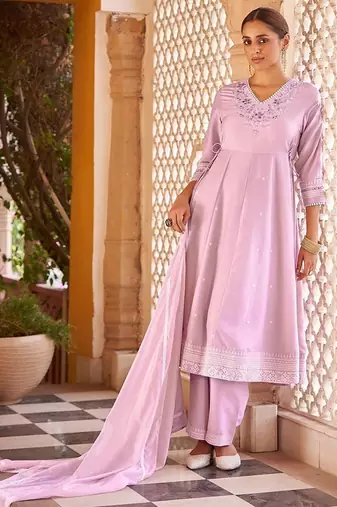Purple motifs embroidered mirror city silk anarkali