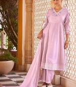 Purple motifs embroidered mirror city silk anarkali