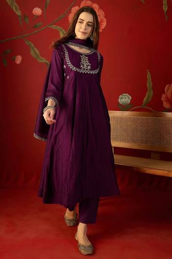 Wine vichitra silk embroidered anarkali kurta set