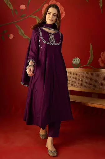 Wine vichitra silk embroidered anarkali kurta set