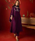 Wine vichitra silk embroidered anarkali kurta set