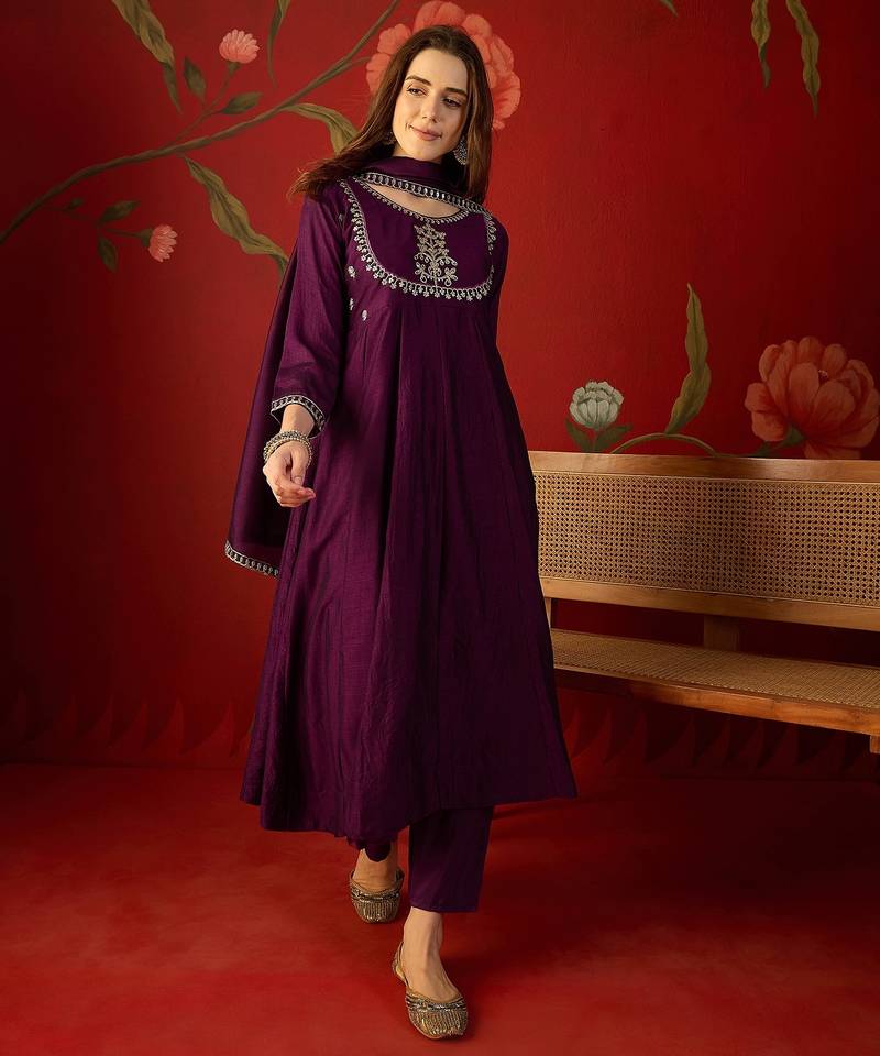 Wine vichitra silk embroidered anarkali kurta set