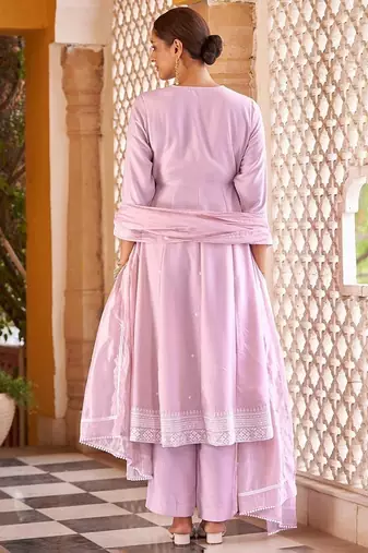 Purple motifs embroidered mirror city silk anarkali
