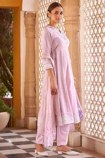 Purple motifs embroidered mirror city silk anarkali