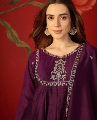 Wine vichitra silk embroidered anarkali kurta set 3