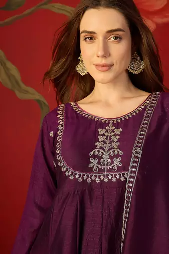Wine vichitra silk embroidered anarkali kurta set