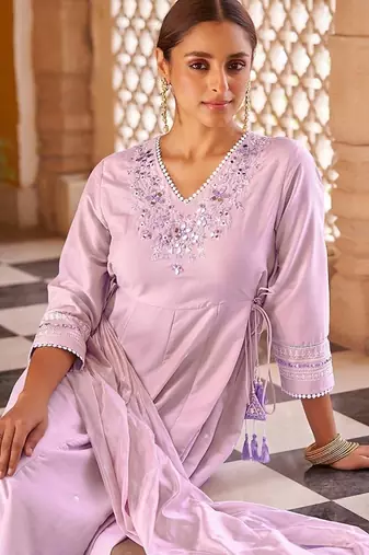 Purple motifs embroidered mirror city silk anarkali