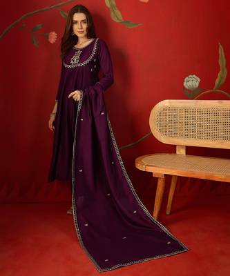 Wine vichitra silk embroidered anarkali kurta set 4