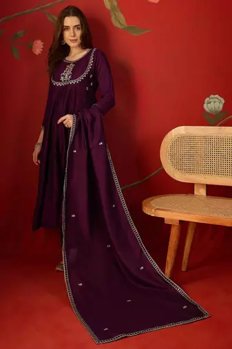 Wine vichitra silk embroidered anarkali kurta set