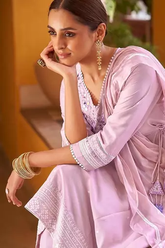 Purple motifs embroidered mirror city silk anarkali